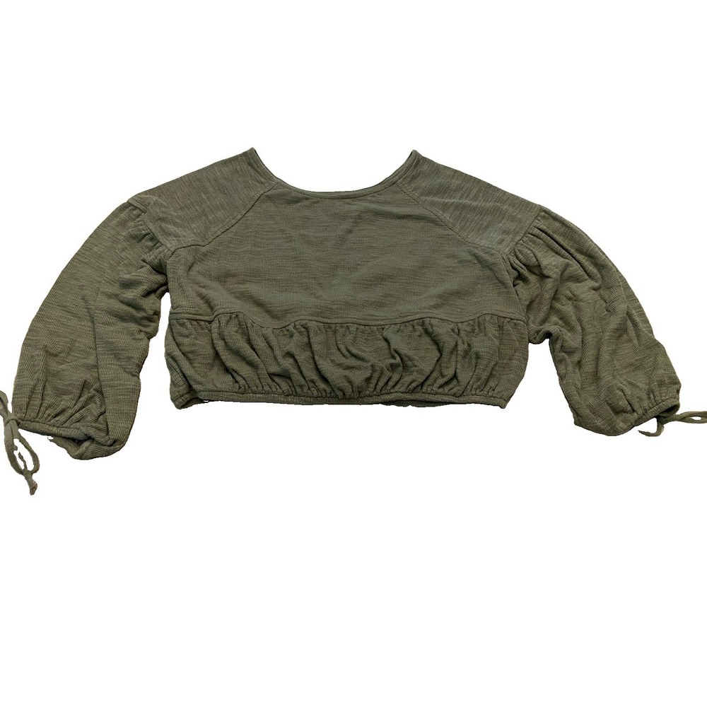 Aerie Olive Green Crop Top Womens Small Long Puff Sleeve Cinched Waist Ribbed